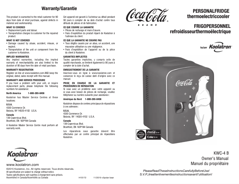 Page 1 de la notice Manuel utilisateur Coca-Cola KWC-4 B