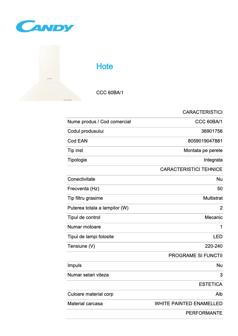 Page 1 de la notice Fiche technique Candy CCC 60BA/1