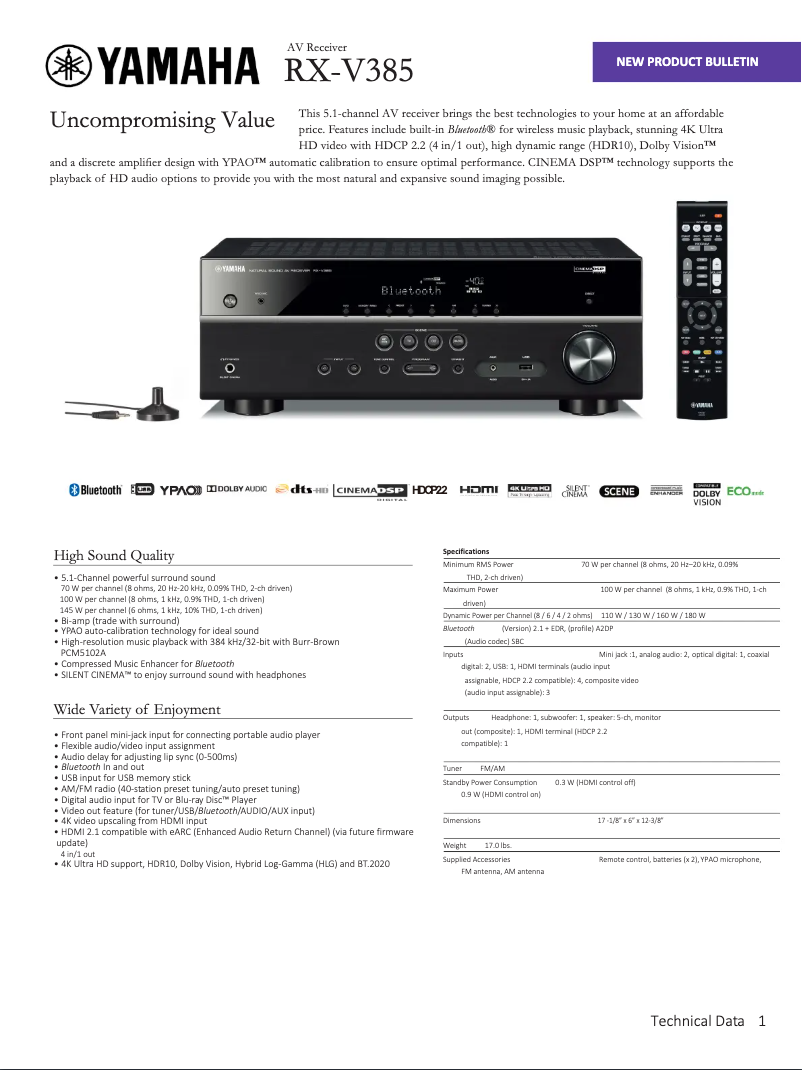 Page 1 de la notice Fiche technique Yamaha RX-V385