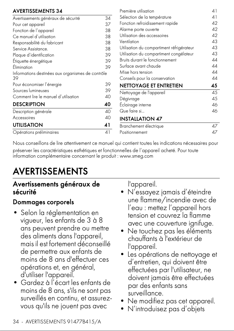 Page 1 de la notice Manuel utilisateur Smeg FAB28