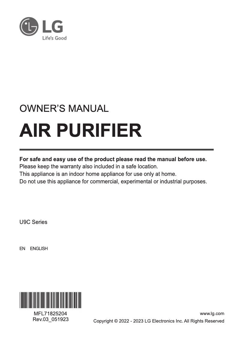 Page 1 de la notice Manuel utilisateur LG PuriCare AeroTower U9CV1C