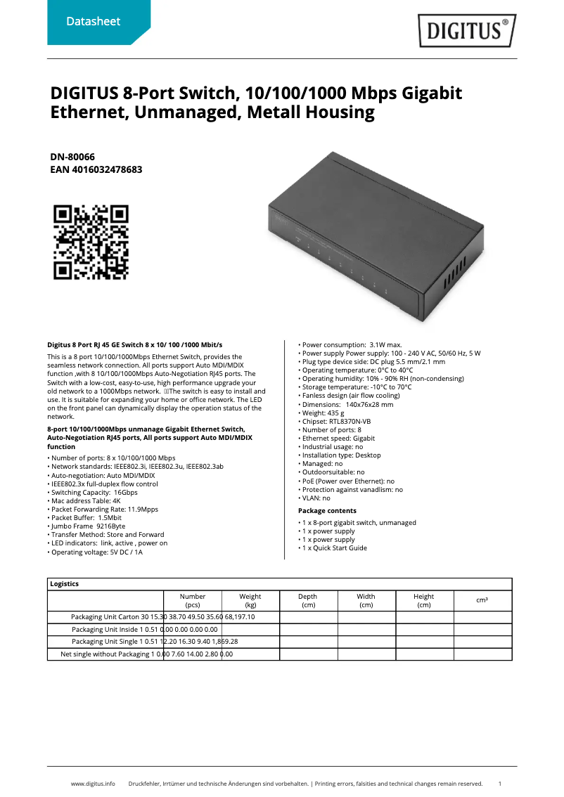 Page 1 de la notice Fiche technique Digitus DN-80066