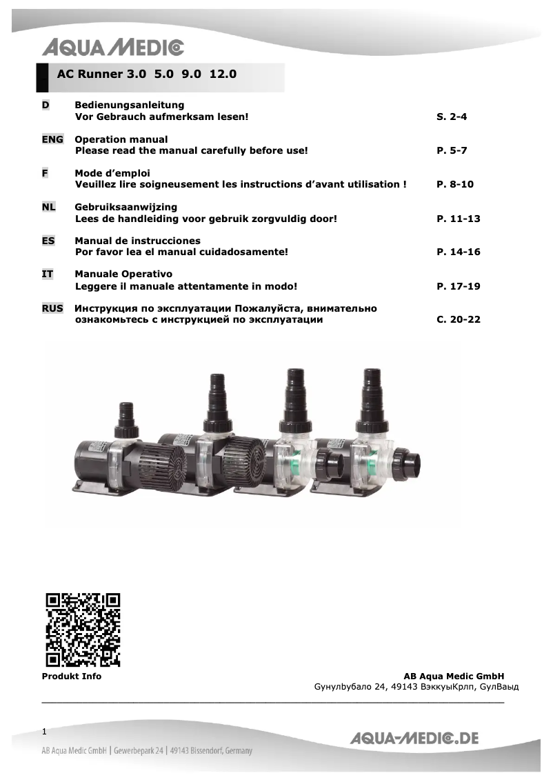 Page 1 de la notice Manuel utilisateur Aqua Medic AC Runner 3.0