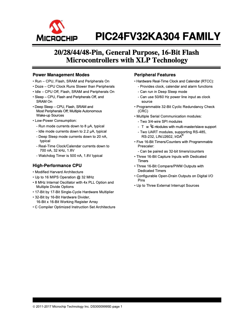Página 1 del manual Ficha técnica Microchip PIC24F16KA302