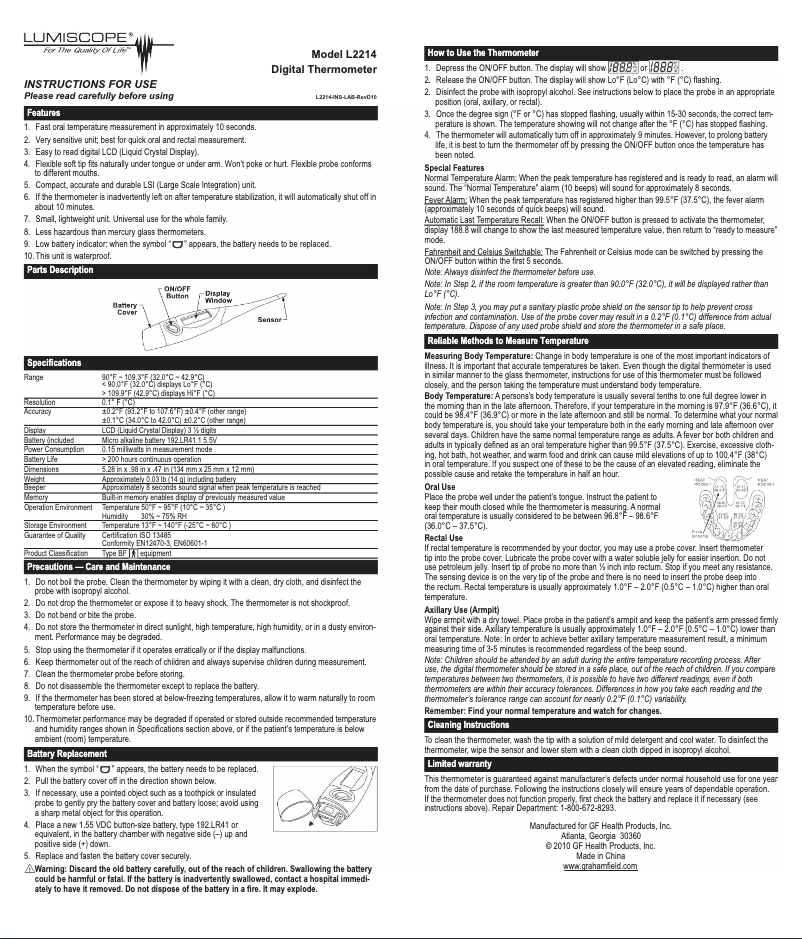 Page n°1 - Manuel utilisateur Lumiscope L2214