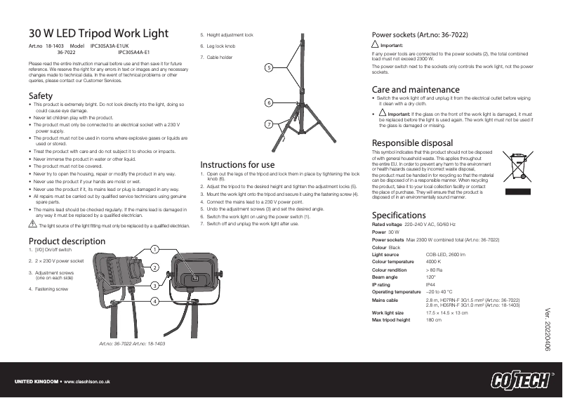 Page n°1 - Manuel utilisateur Cotech IPC30SA4A-E1