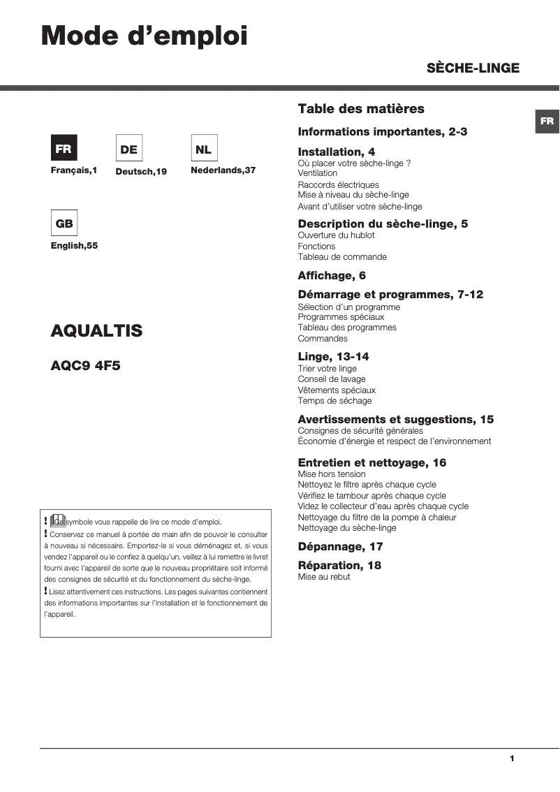 Page n°1 - Manuel utilisateur Hotpoint AQC9 4F5