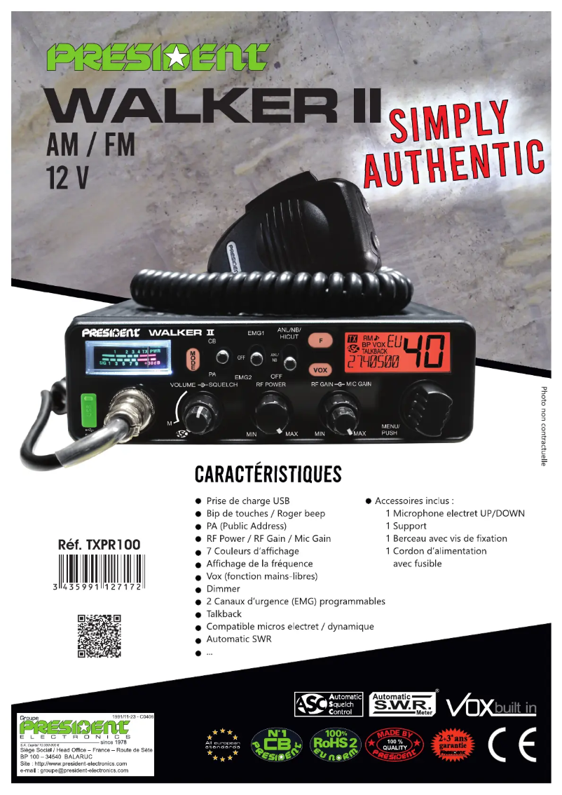 Page 1 de la notice Fiche technique President Walker II