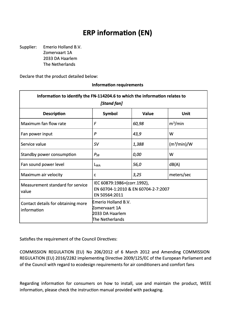 Page 1 de la notice Fiche technique Emerio FN-114204.6
