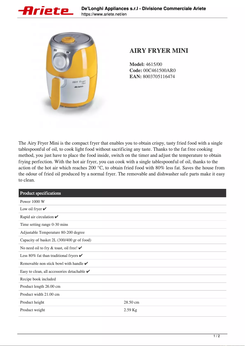 Page n°1 - Fiche technique Ariete Airy Fryer mini 4615