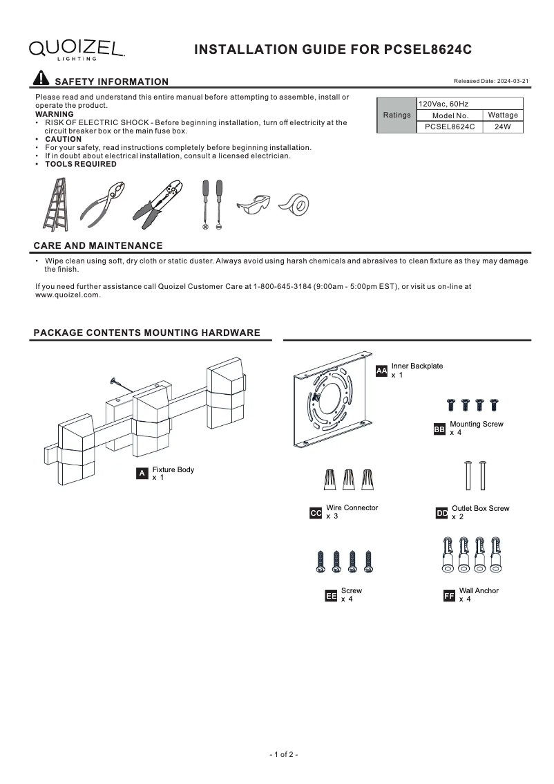 Page n°1 - Manuel utilisateur Quoizel Selena PCSEL8624C