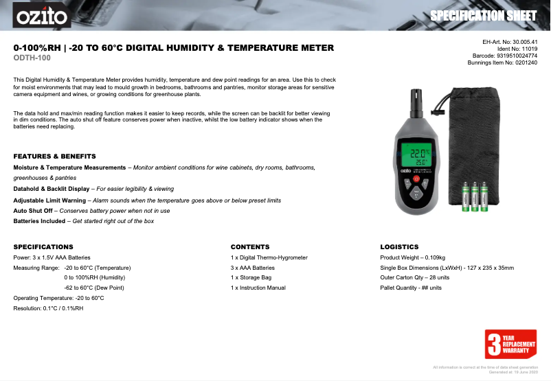 Page n°1 - Fiche technique Ozito ODTH-100