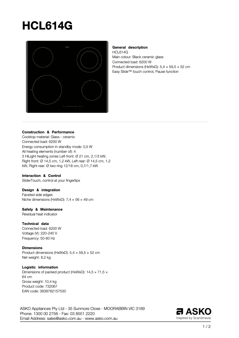 Page n°1 - Fiche technique Asko HCL614G