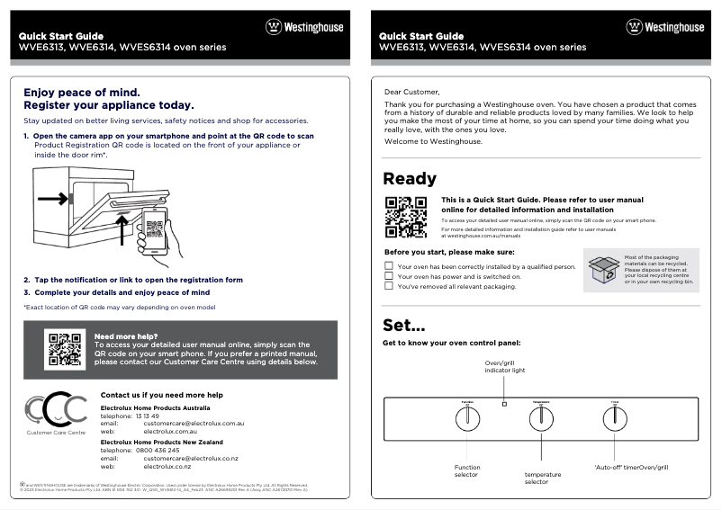 Page 1 de la notice Guide de démarrage rapide Westinghouse WVE6314WD