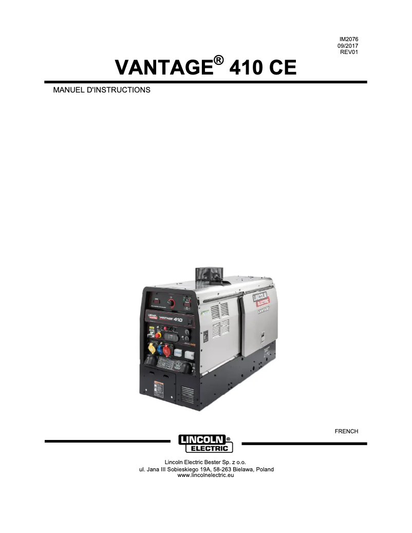 Page 1 de la notice Manuel utilisateur Lincoln Electric Vantage 410 CE
