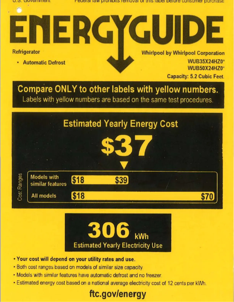 Page 1 de la notice Label énergétique Whirlpool WUB35X24HZ