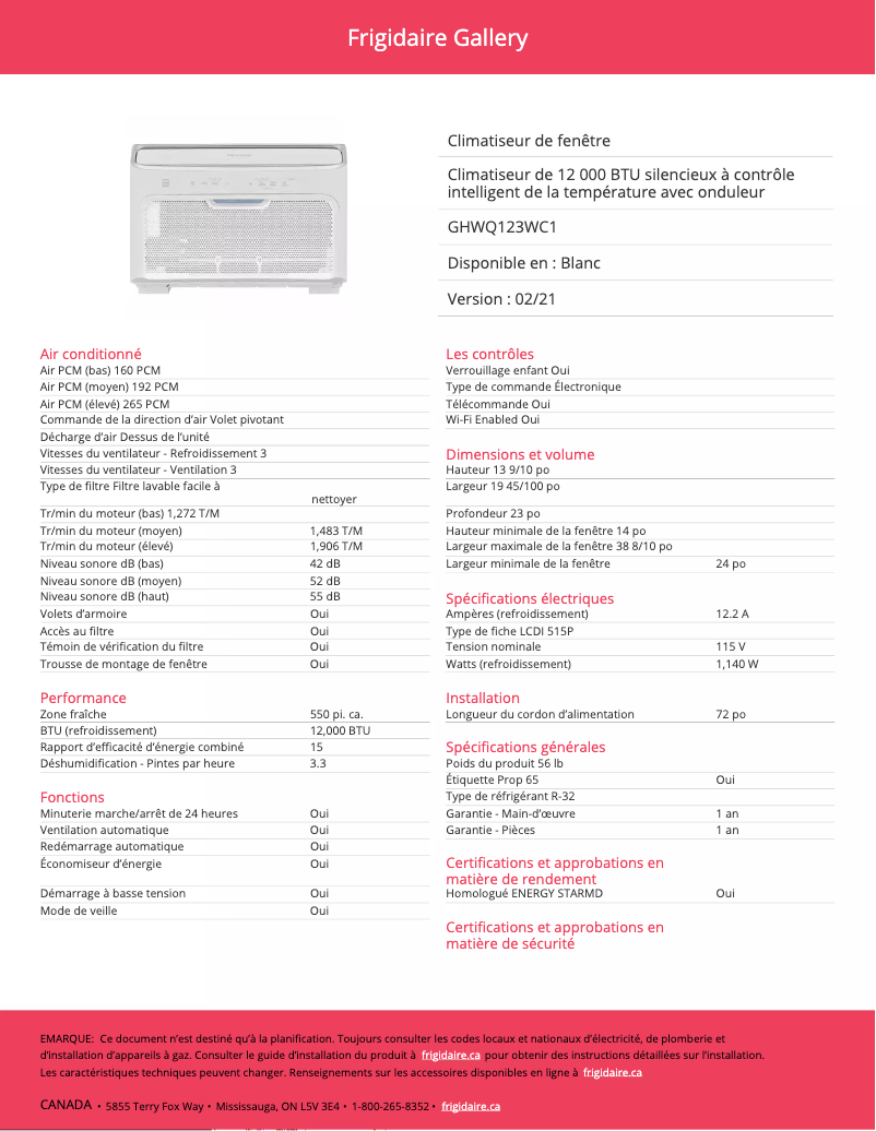 Image de la première page du manuel de l'appareil GHWQ123WC1