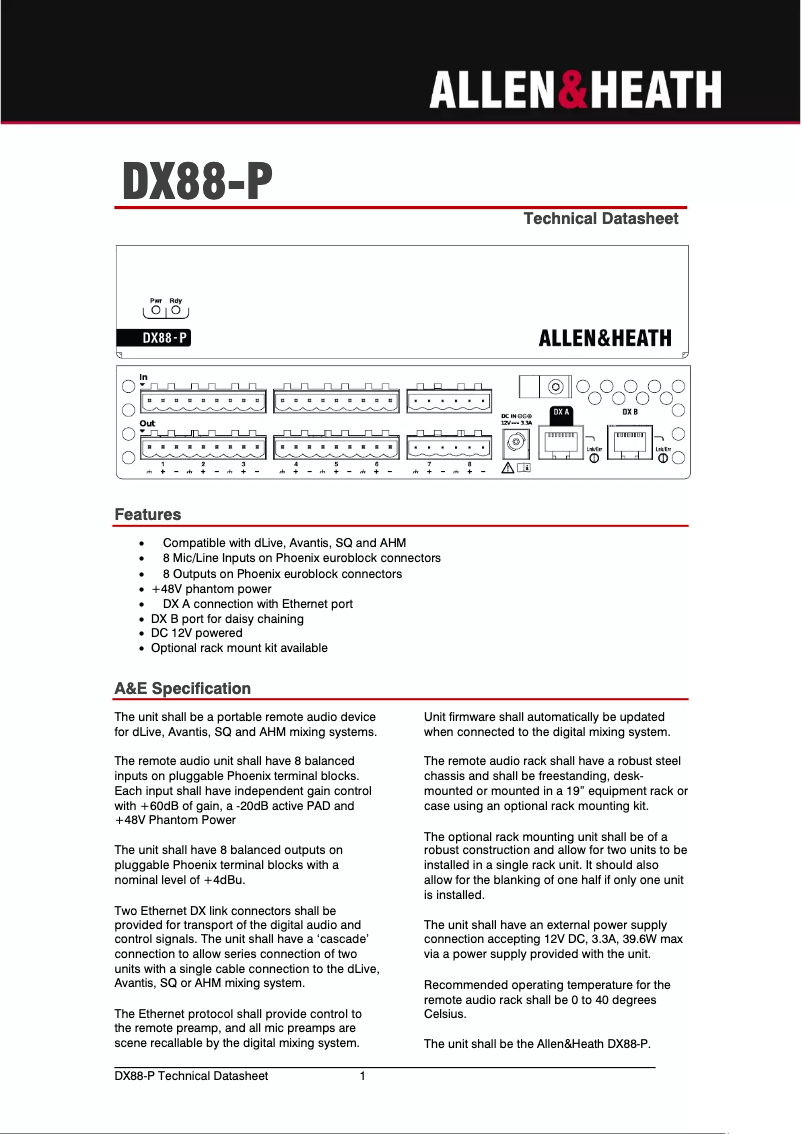 Page n°1 - Fiche technique Allen & Heath DX88-P