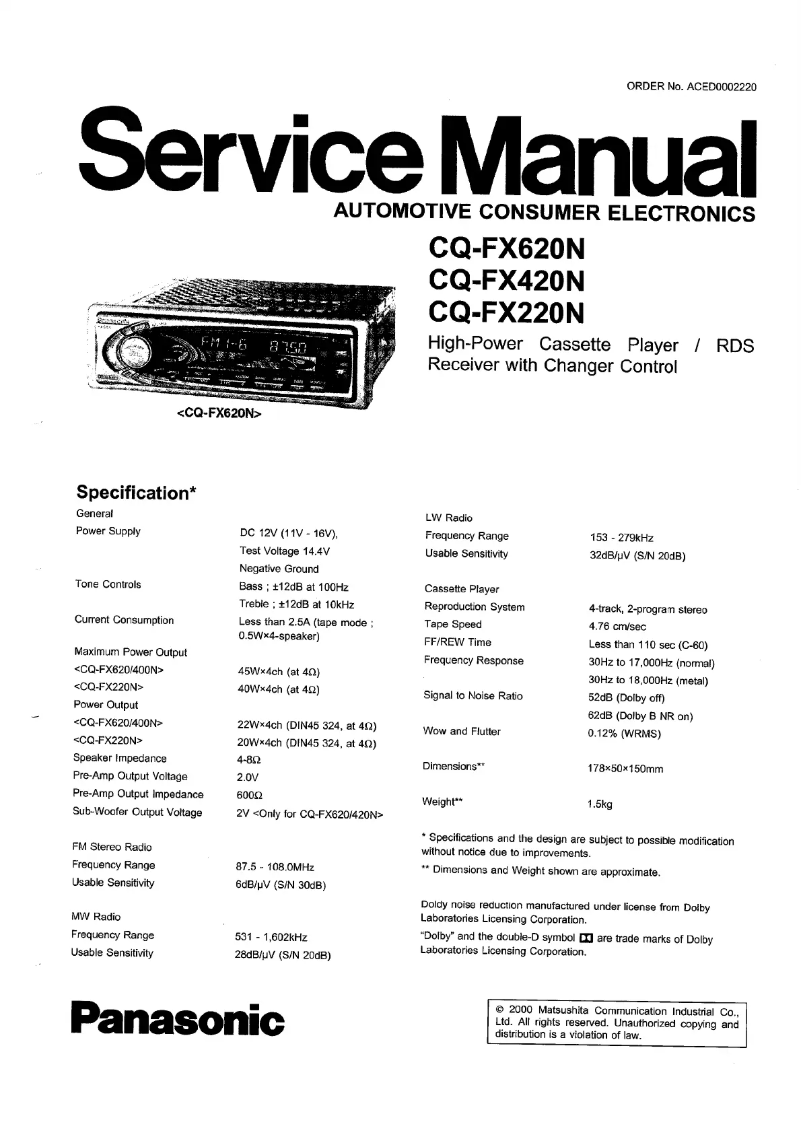 Image de la première page du manuel de l'appareil CQ-FX620N