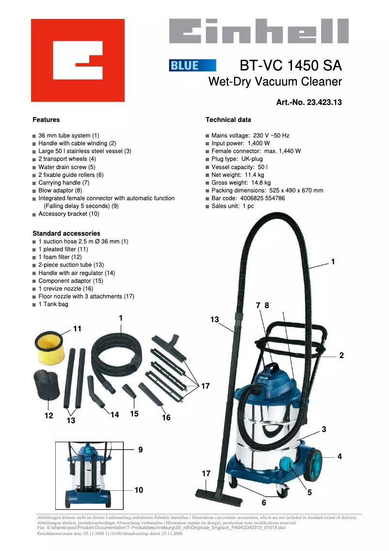 Page 1 de la notice Manuel utilisateur Einhell BT-VC 1450 SA