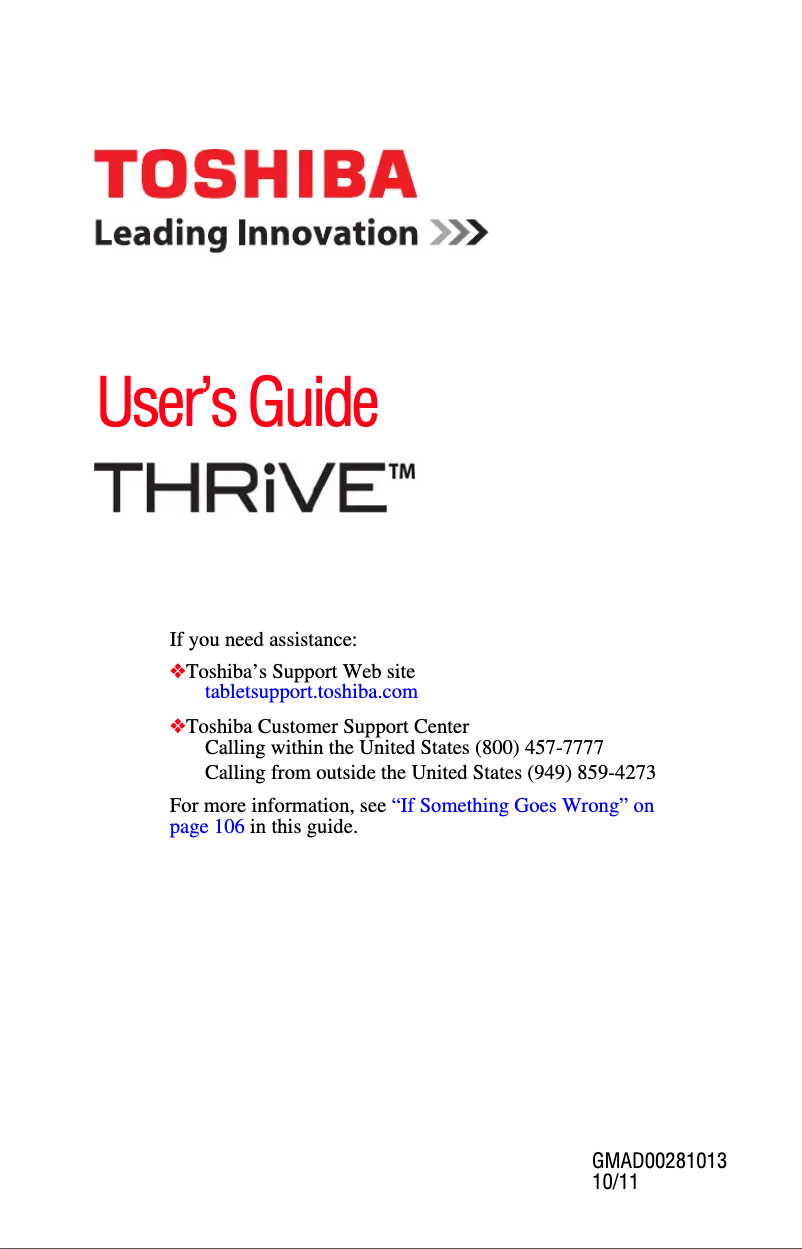 Page n°1 - Manuel utilisateur Toshiba Thrive AT100