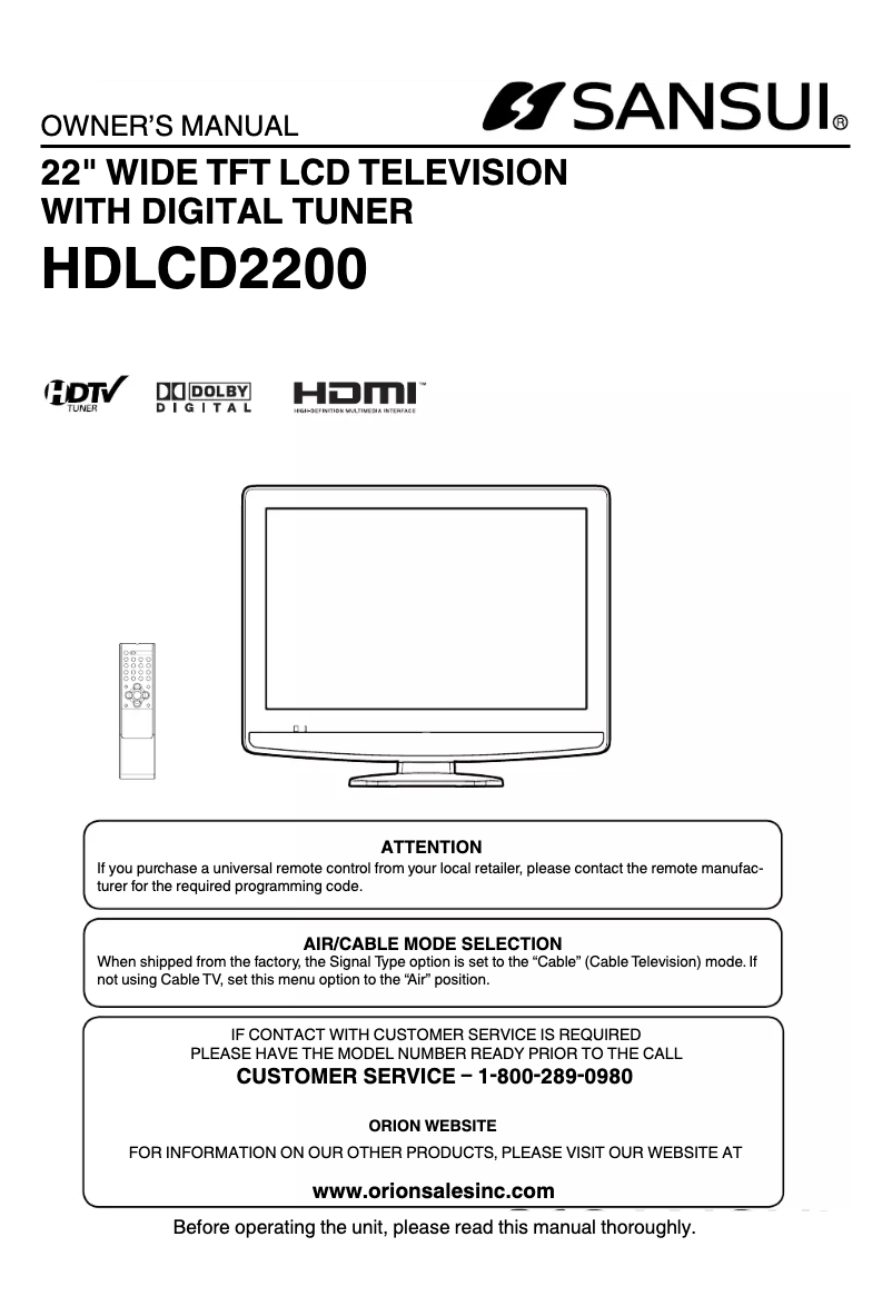 Page n°1 - Manuel utilisateur Sansui HDLCD2200