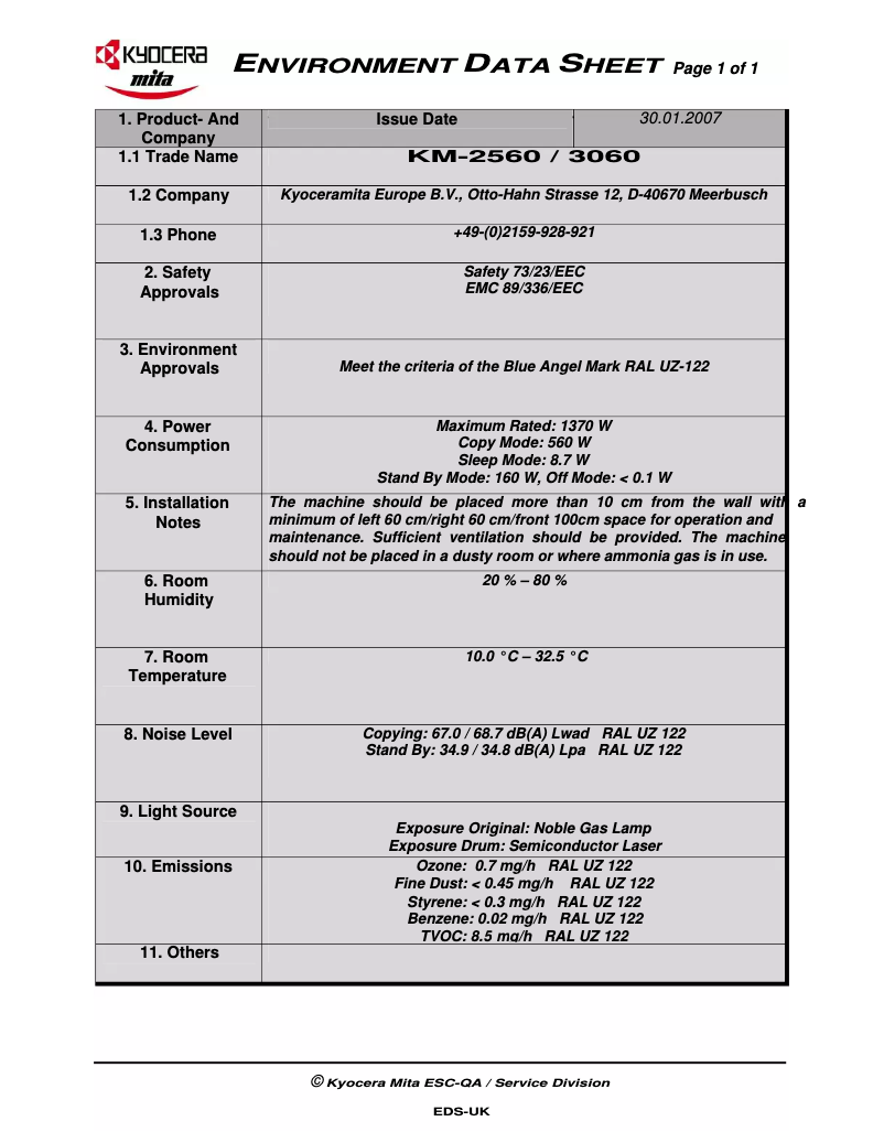 Page 1 de la notice Fiche technique Kyocera KM-3060