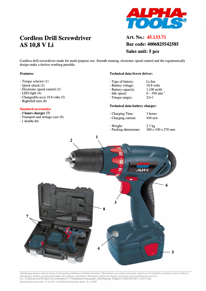 Page 1 de la notice Manuel utilisateur Alpha Tools AS 10,8 V Li