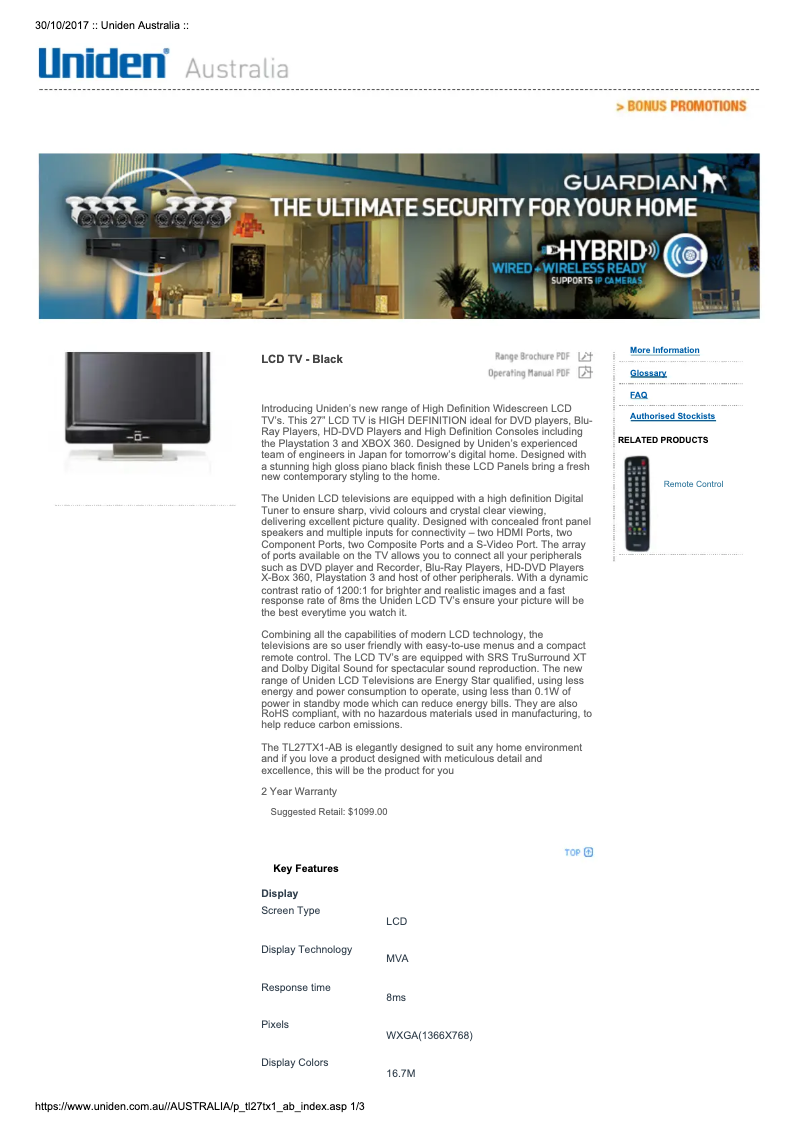 Page n°1 - Manuel utilisateur Uniden TL27TX1-AB