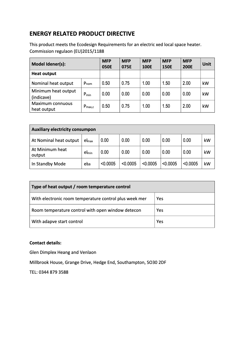Page 1 de la notice Fiche technique Dimplex MFP075E