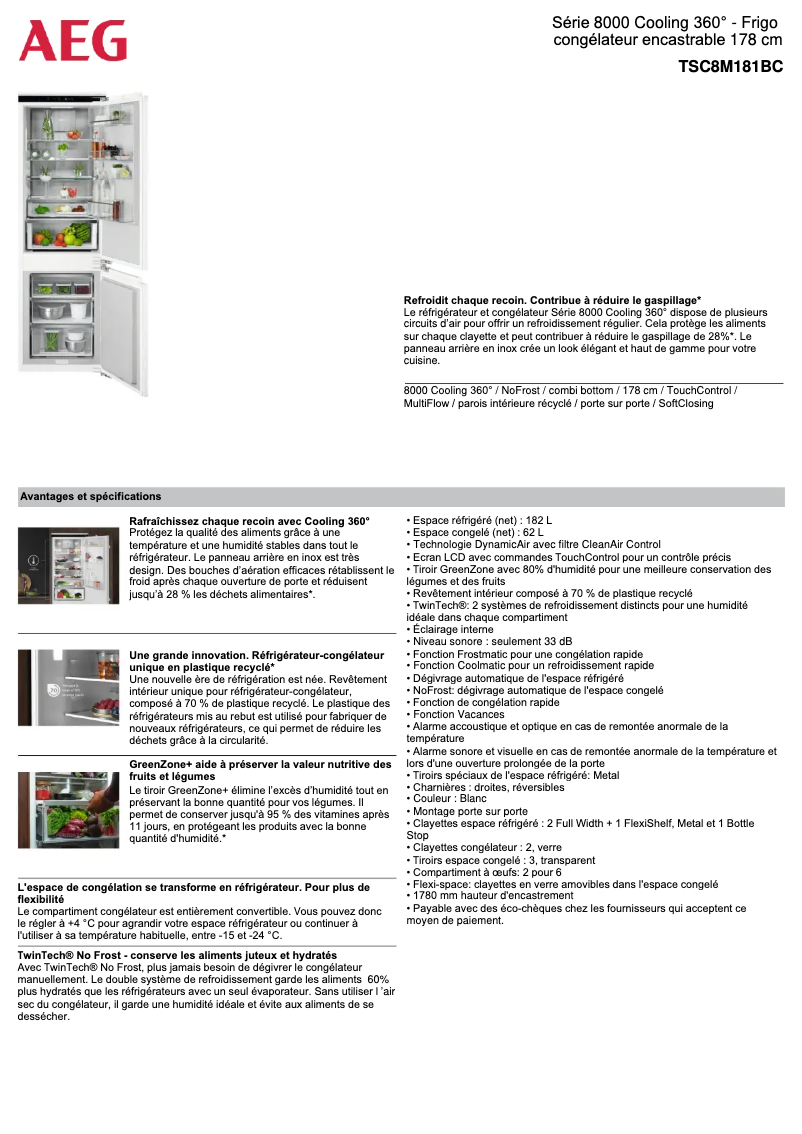 Page 1 de la notice Fiche technique AEG TSC8M181BC