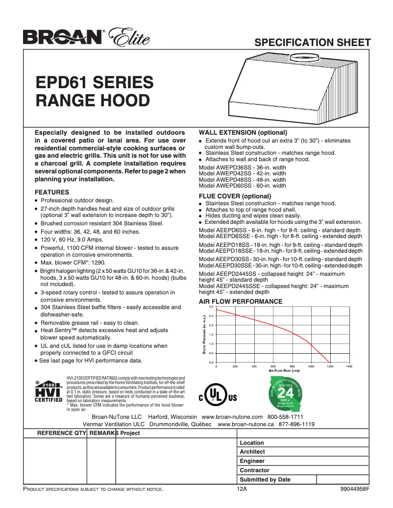 Page n°1 - Fiche technique Broan EPD6136SS