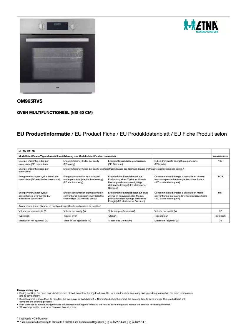 Page 1 de la notice Fiche technique Etna OM965RVS