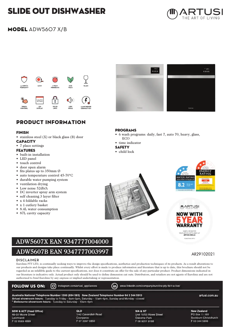 Page 1 de la notice Fiche technique Artusi ADW5607B