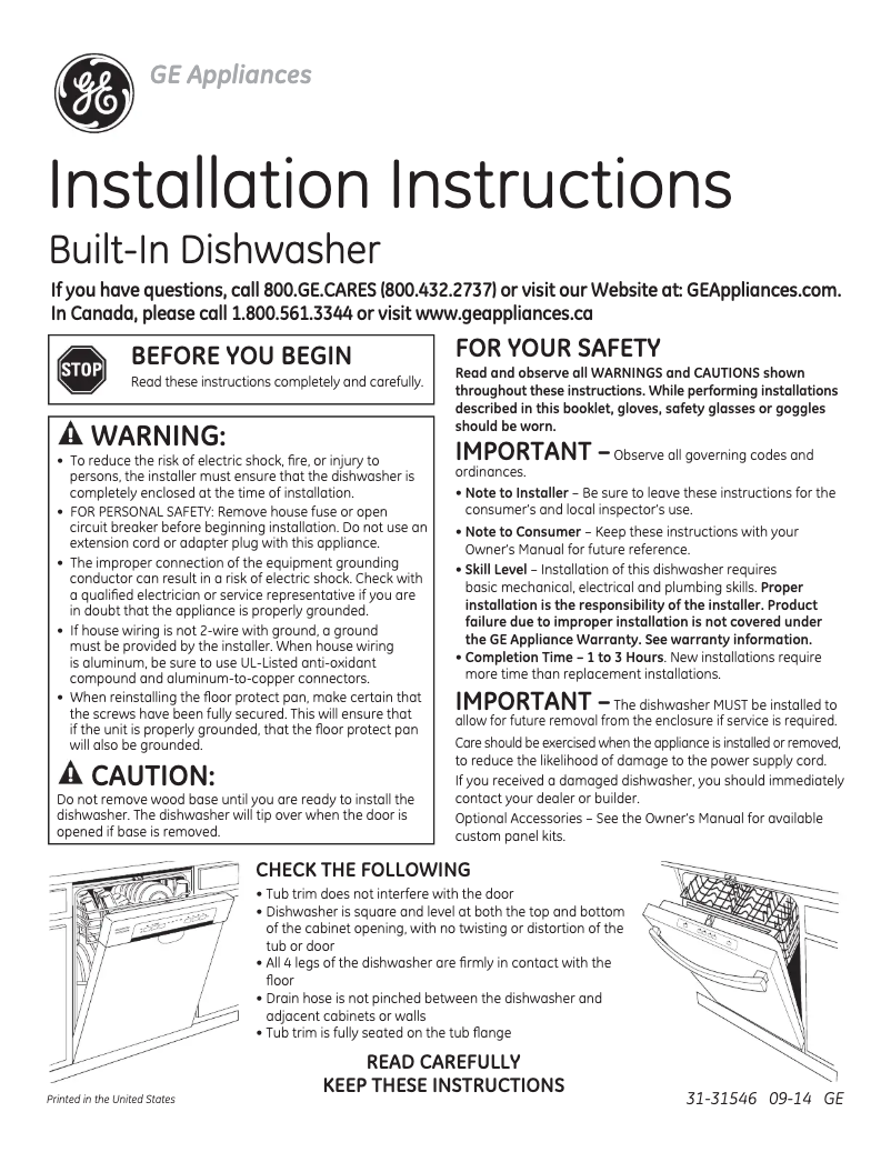 Page 1 de la notice Guide d'installation GE DDT575SSFSS
