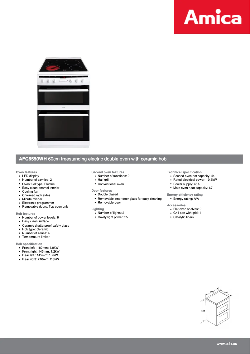 Page 1 de la notice Fiche technique Amica AFC6550WH