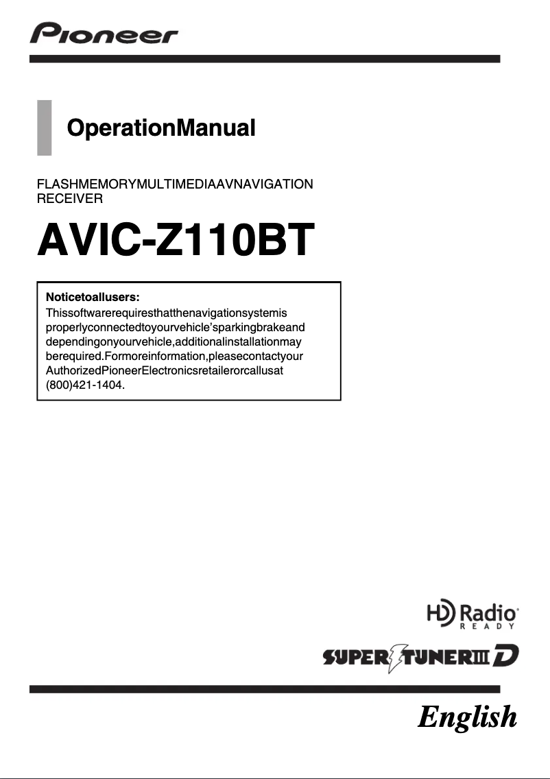 Page n°1 - Manuel utilisateur Pioneer AVIC-Z110BT