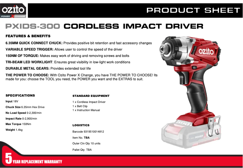 Page 1 de la notice Fiche technique Ozito PXIDS-300