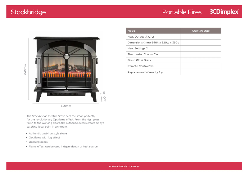 Page 1 de la notice Fiche technique Dimplex Stockbridge