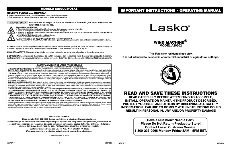 Página 1 del manual Manual de usuario Lasko Wind Machine A20302