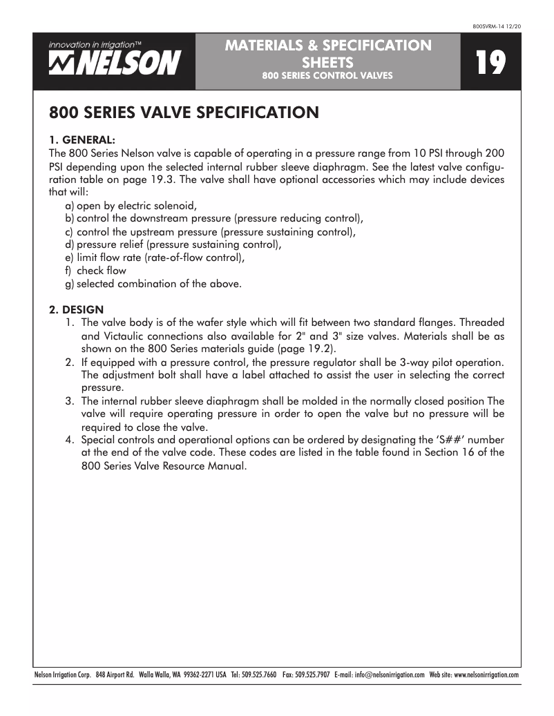 Page 1 de la notice Fiche technique Nelson 800 Series Pressure Reducing Valves