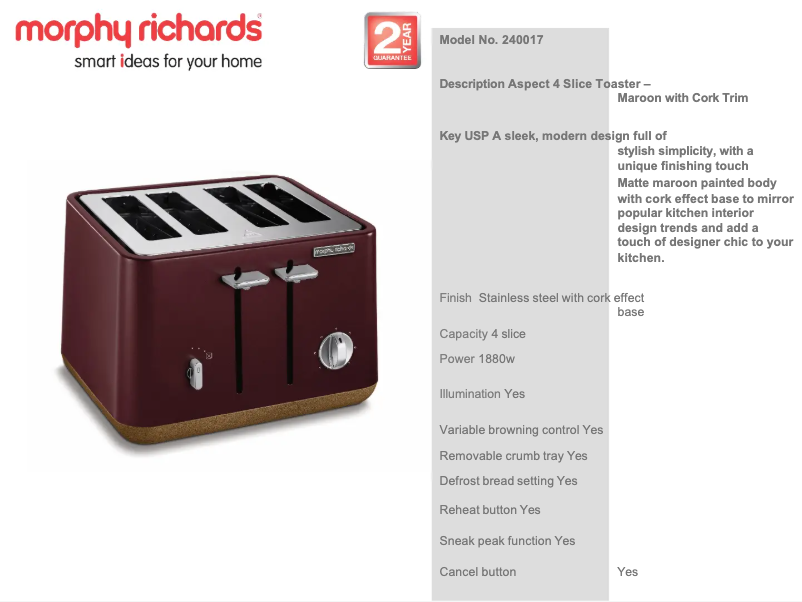 Page 1 de la notice Fiche technique Morphy Richards Aspect 240017