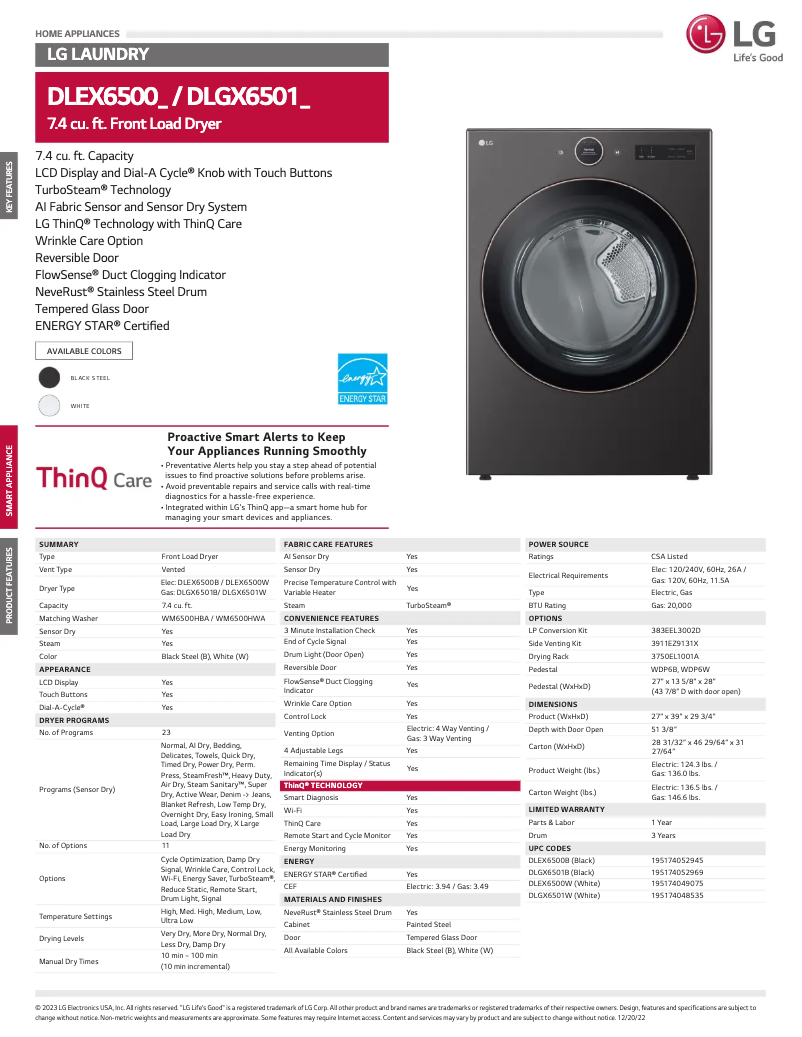 Page 1 de la notice Fiche technique LG DLGX6501W