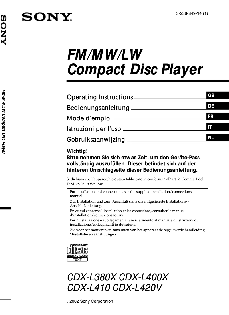 Page n°1 - Mode d'emploi Sony CDX-L400X