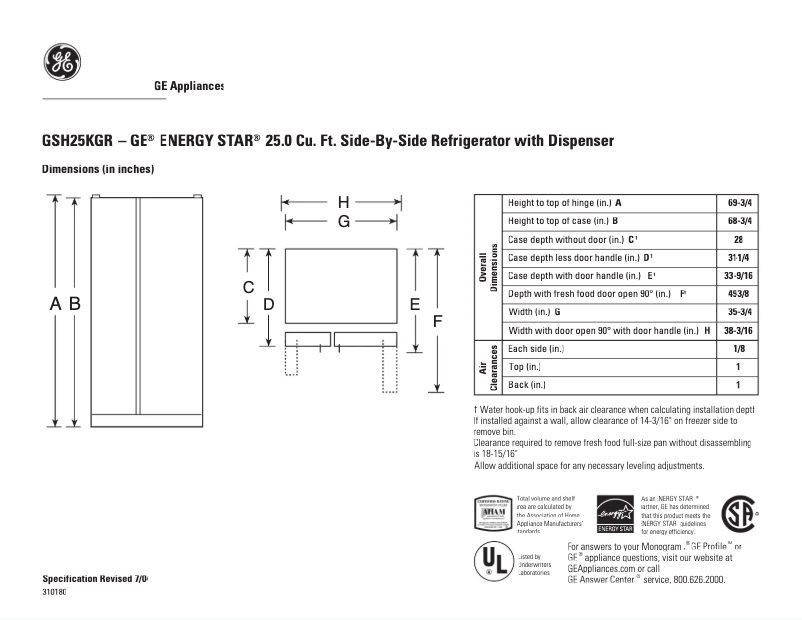 Page n°1 - Fiche technique GE GSH25KGRWW