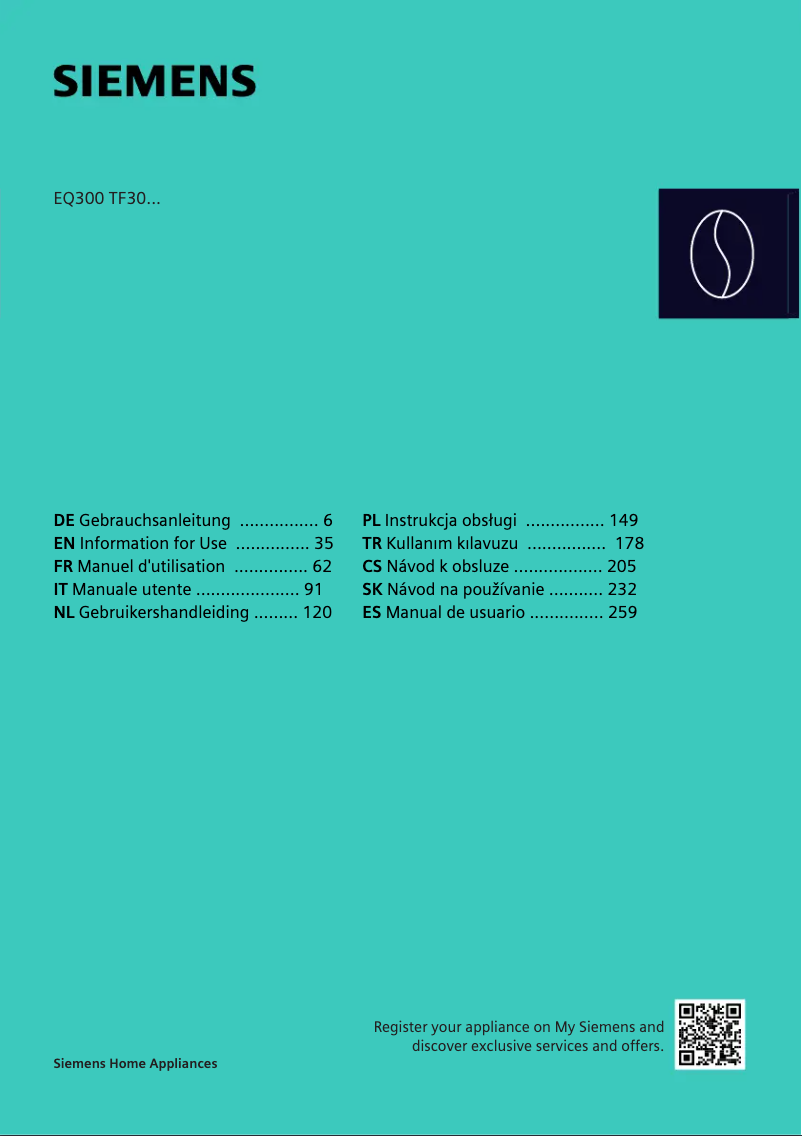 Page 1 de la notice Manuel utilisateur Siemens EQ.300 TF305EF9