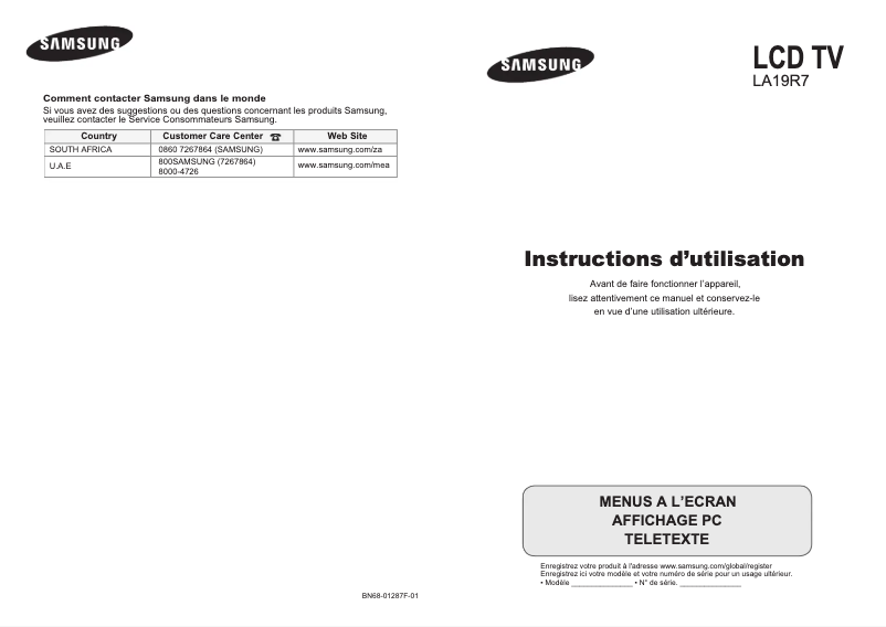 Page 1 de la notice Manuel utilisateur Samsung LA19R71B