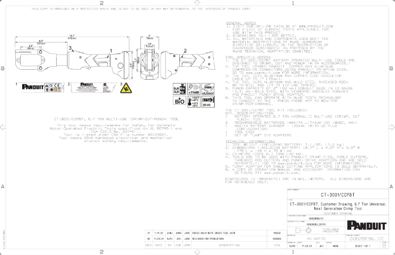 Page 1 de la notice Dessin technique Panduit CT-3001/CCPBT