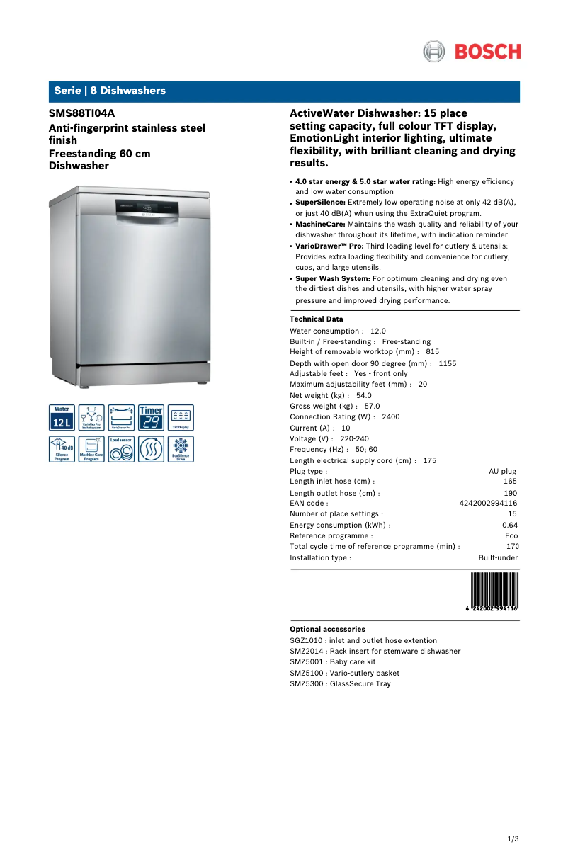 Page n°1 - Fiche technique Bosch SMS88TI04A