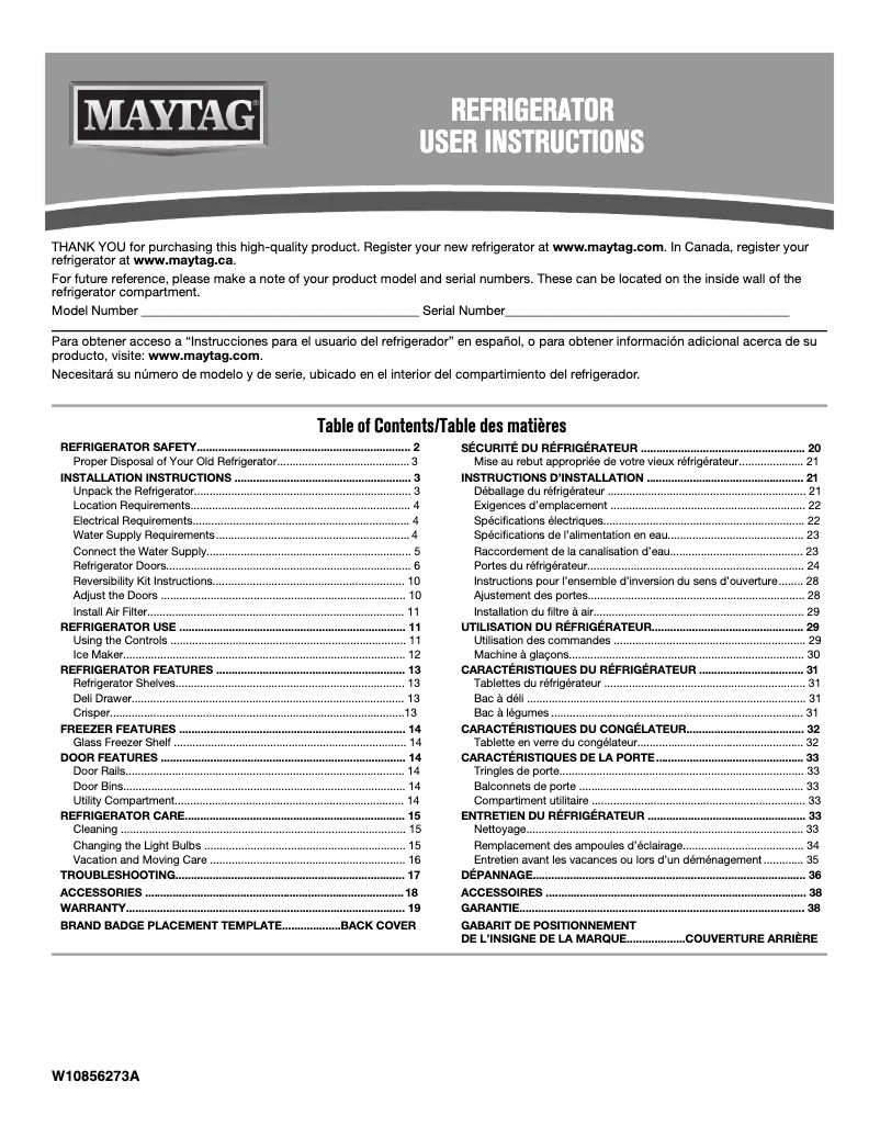 Page n°1 - Manuel d'utilisation et d'entretien Maytag MRT311FFFBK